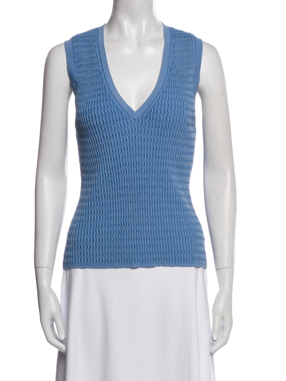 Veronica Beard Blue Ribbed V-Neck Sleeveless Knit Top - Picture 2 of 7